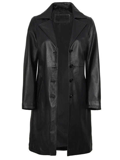 Women's 3/4 Length Black Lambskin Leather Coat