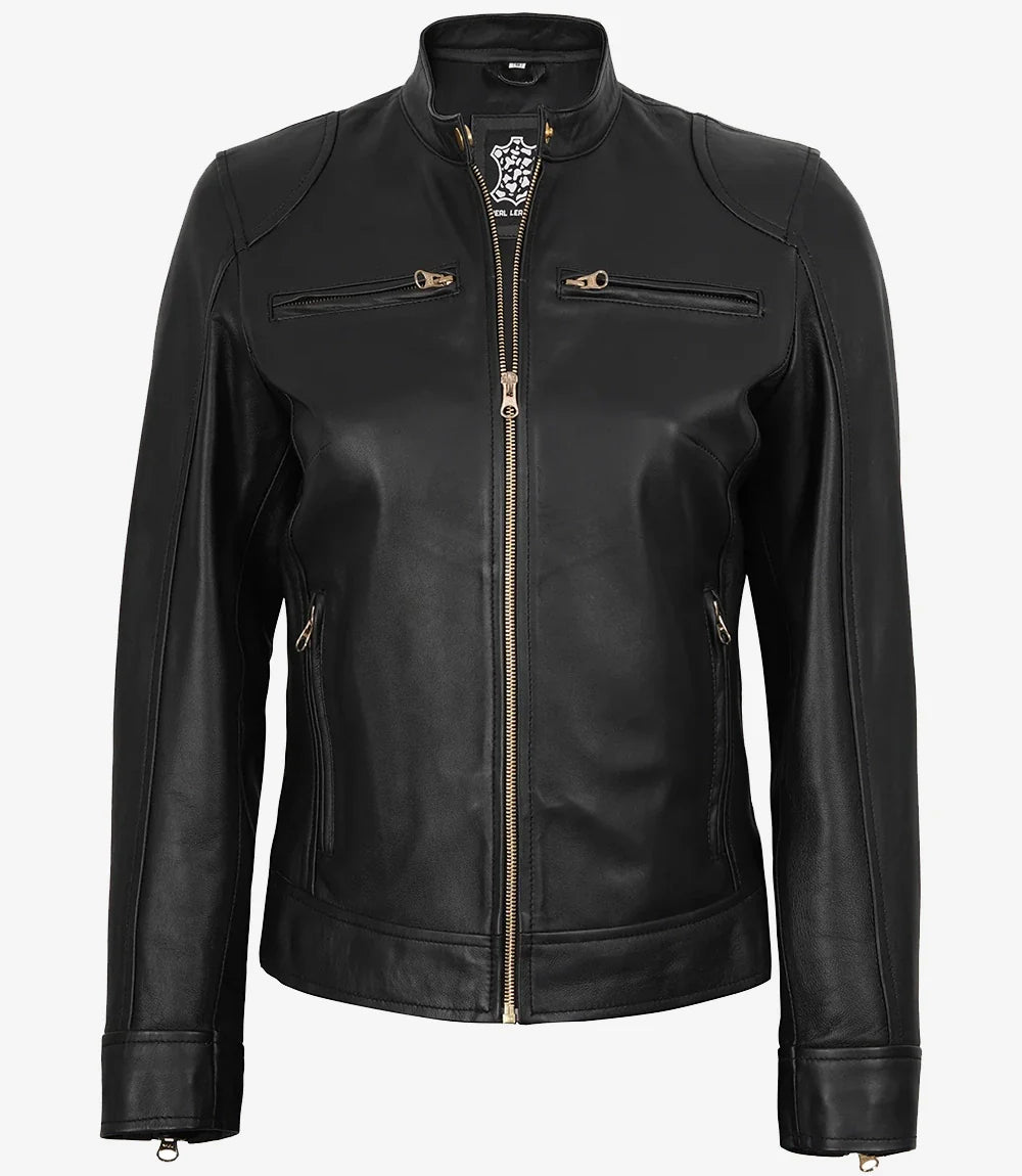 Womens Black Real Leather Biker Style Jacket - Golden Details