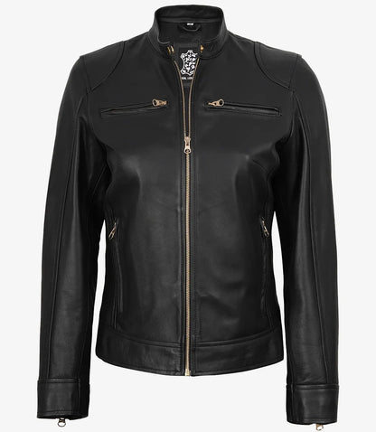 Womens Black Real Leather Biker Style Jacket - Golden Details