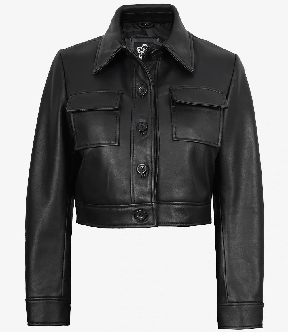 Womens Real Leather Black Cropped Trucker Jacket