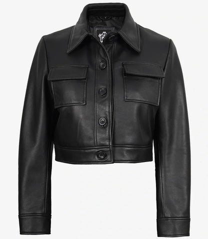 Womens Real Leather Black Cropped Trucker Jacket