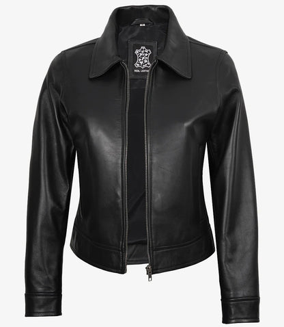 Womens Black Shirt Collar Harrington Leather Jacket