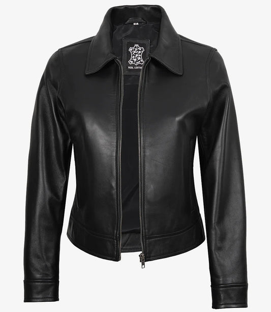 Womens Black Shirt Collar Harrington Leather Jacket