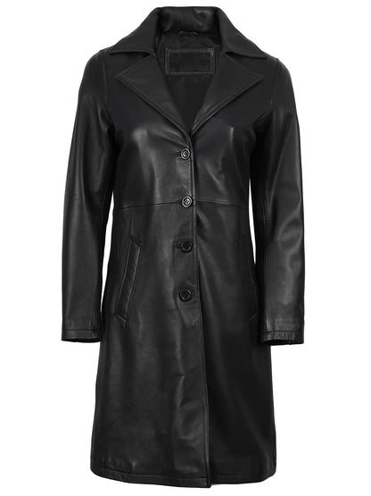 Women's 3/4 Length Black Lambskin Leather Coat