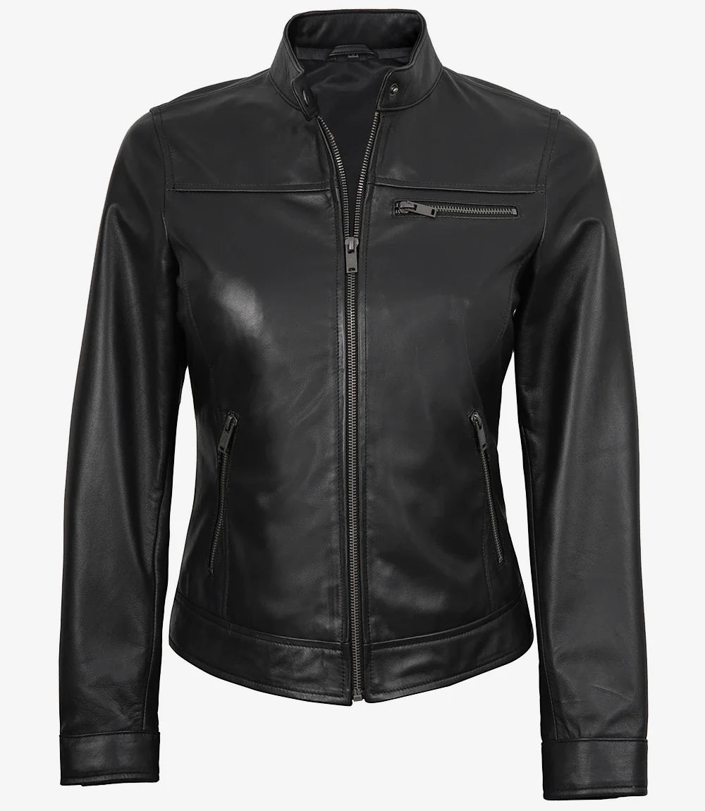 Womens Black Lambskin Biker Style Leather Jacket