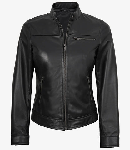 Womens Black Lambskin Biker Style Leather Jacket