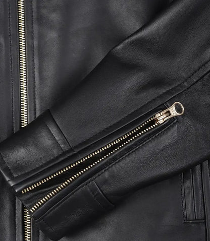 Womens Black Real Leather Biker Style Jacket - Golden Details