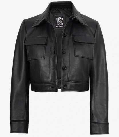 Womens Real Leather Black Cropped Trucker Jacket