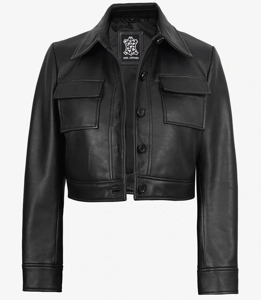 Womens Real Leather Black Cropped Trucker Jacket