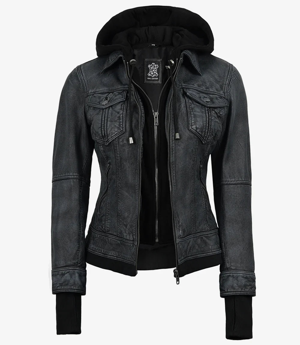 Women's Washed Black Lambskin Bomber Jacket with Removable Hood