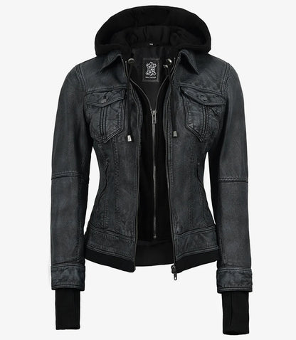 Women's Washed Black Lambskin Bomber Jacket with Removable Hood