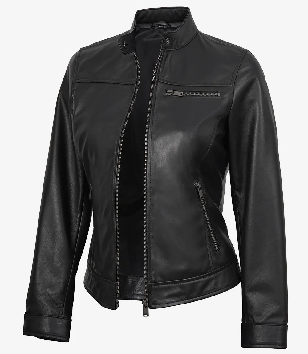 Womens Black Lambskin Biker Style Leather Jacket