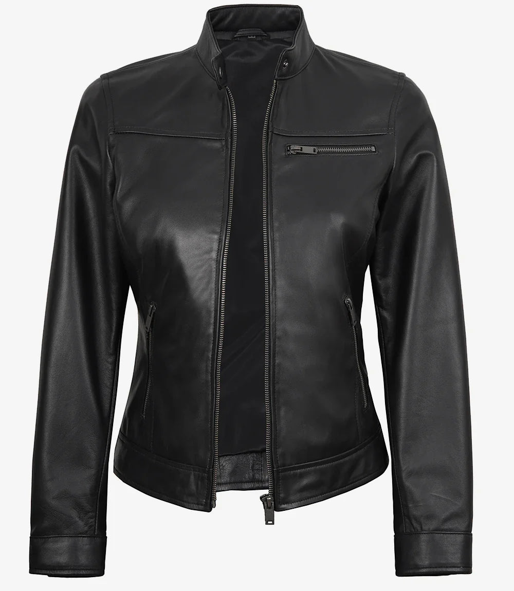 Womens Black Lambskin Biker Style Leather Jacket