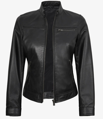 Womens Black Lambskin Biker Style Leather Jacket