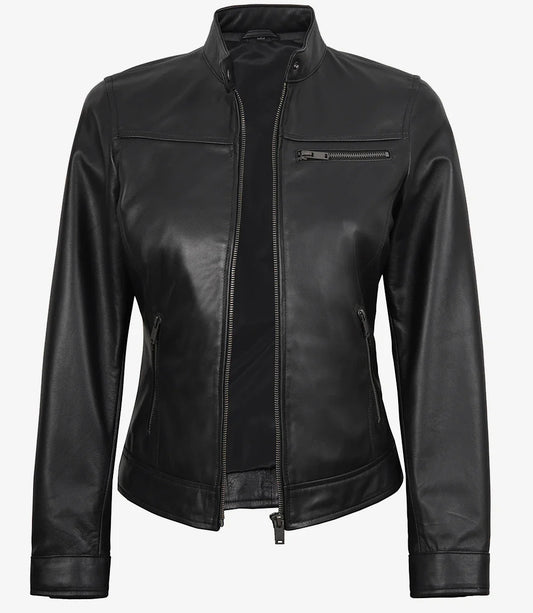 Womens Black Lambskin Biker Style Leather Jacket