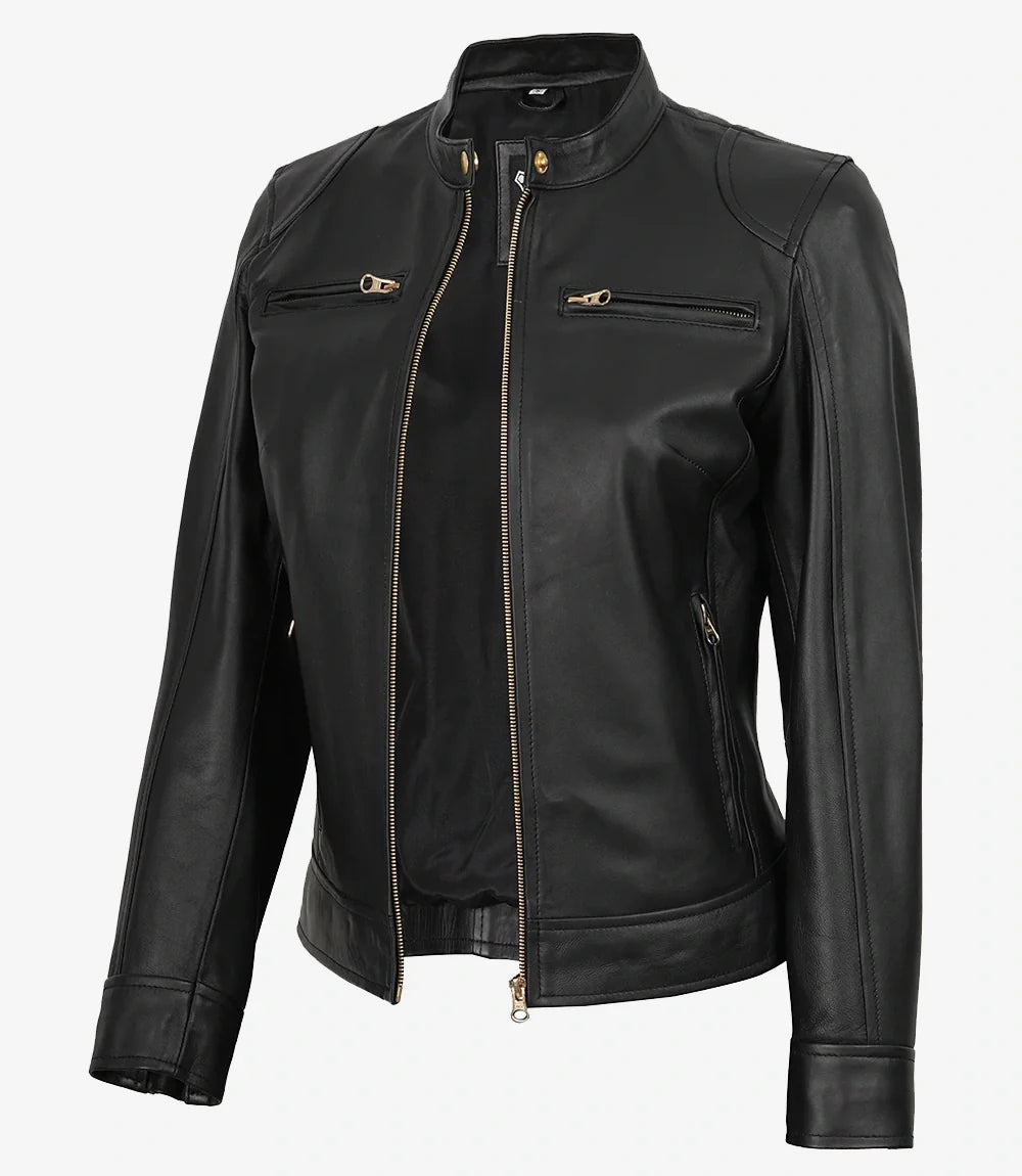 Womens Black Real Leather Biker Style Jacket - Golden Details
