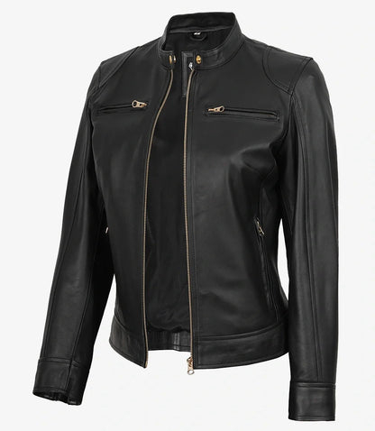 Womens Black Real Leather Biker Style Jacket - Golden Details