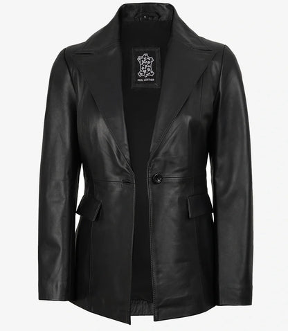 Womens Peak Lapel Black Leather Blazer - Single Button Closure