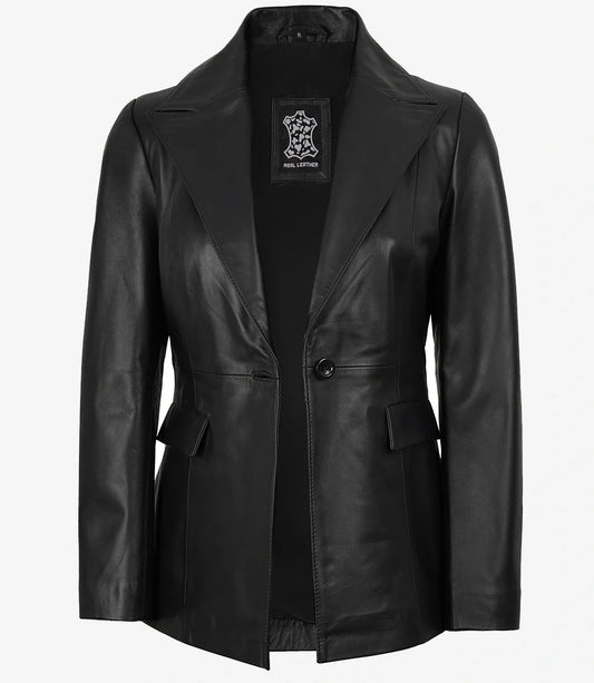 Womens Peak Lapel Black Leather Blazer - Single Button Closure