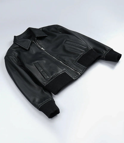 Women's Black Leather Bomber Jacket - Cropped Drop Shoulder Style