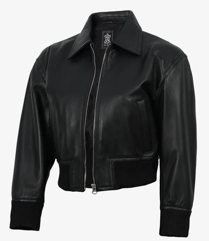 Women's Black Leather Bomber Jacket - Cropped Drop Shoulder Style