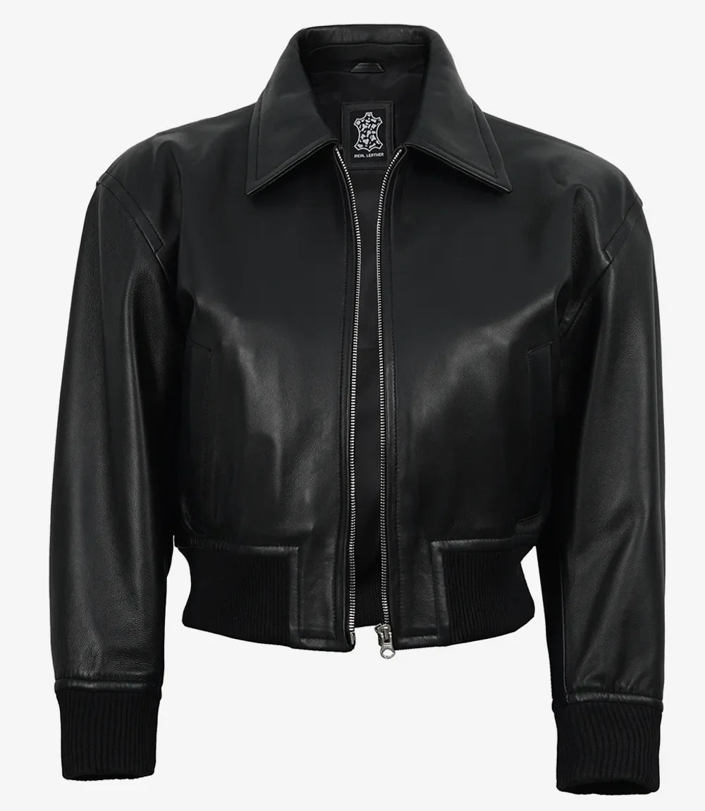 Women's Black Leather Bomber Jacket - Cropped Drop Shoulder Style
