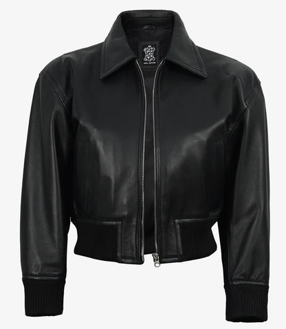Women's Black Leather Bomber Jacket - Cropped Drop Shoulder Style