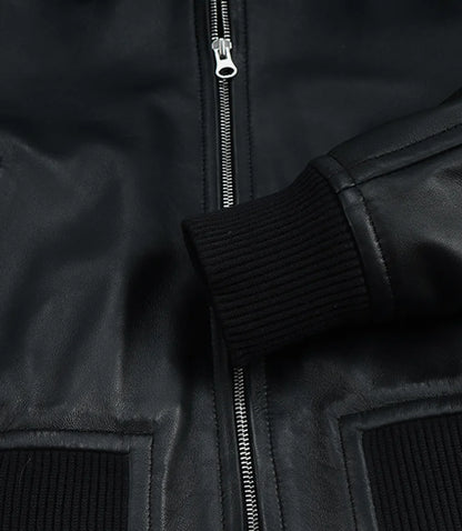 Women's Black Leather Bomber Jacket - Cropped Drop Shoulder Style