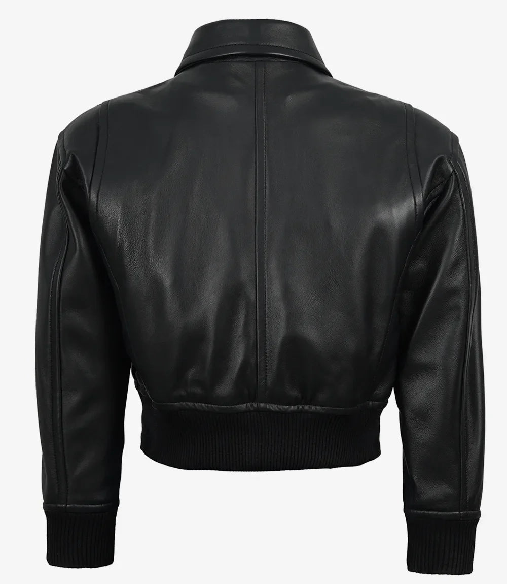 Women's Black Leather Bomber Jacket - Cropped Drop Shoulder Style