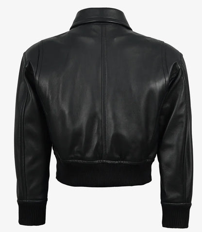 Women's Black Leather Bomber Jacket - Cropped Drop Shoulder Style