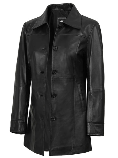 Kandis Womens Black 3/4 Length Leather Car Coat