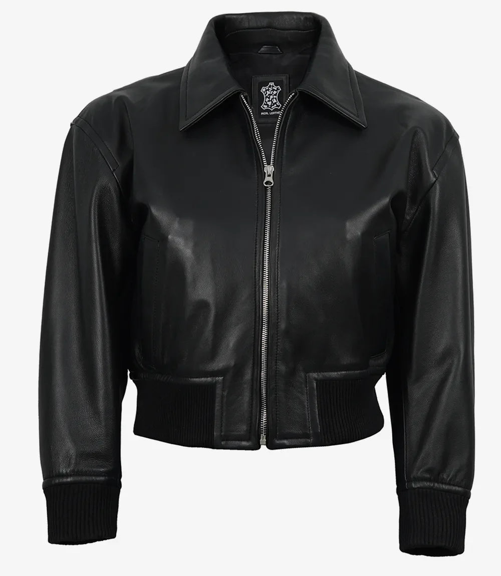 Women's Black Leather Bomber Jacket - Cropped Drop Shoulder Style