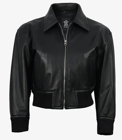 Women's Black Leather Bomber Jacket - Cropped Drop Shoulder Style
