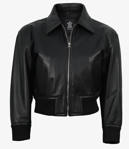 Women's Black Leather Bomber Jacket - Cropped Drop Shoulder Style