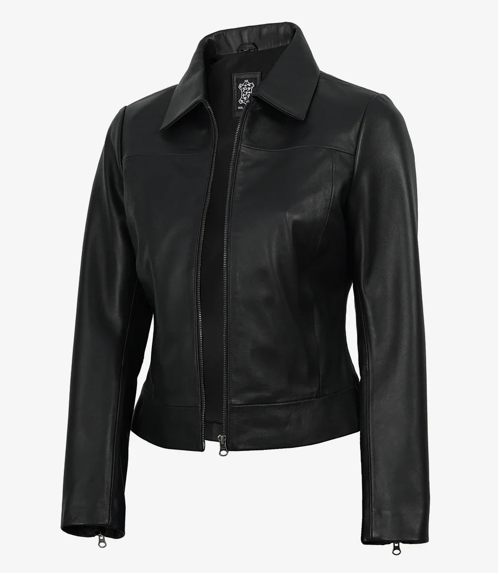 Women's Black Leather Harrington Jacket
