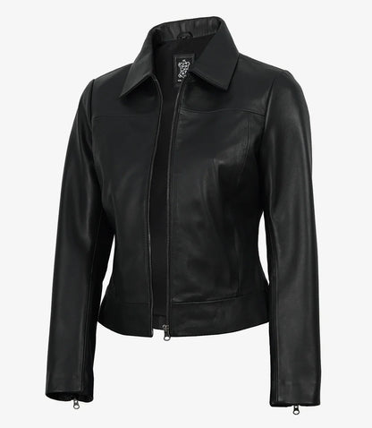 Women's Black Leather Harrington Jacket