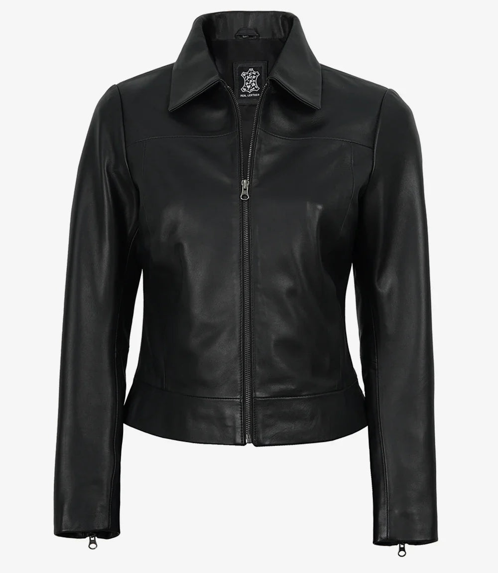 Women's Black Leather Harrington Jacket