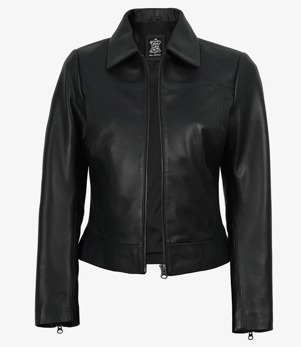 Women's Black Leather Harrington Jacket