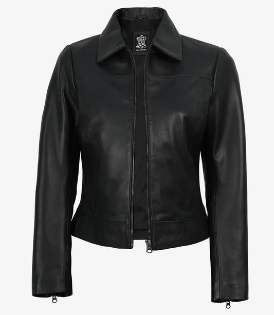 Women's Black Leather Harrington Jacket