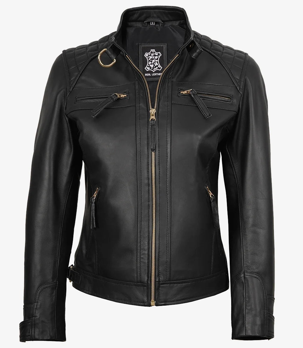 Women's Black Quilted Lambskin Biker Jacket — Gold Zippers & Snap Cuffs