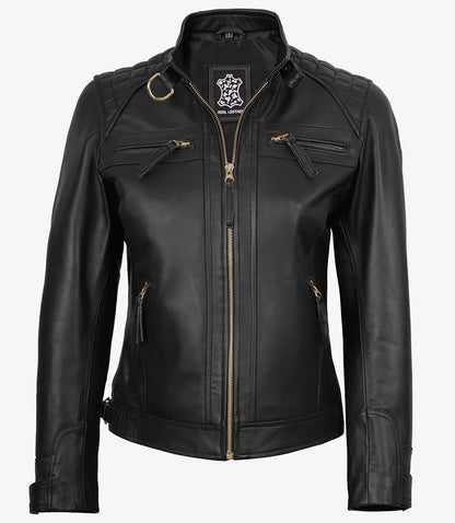Women's Black Quilted Lambskin Biker Jacket — Gold Zippers & Snap Cuffs