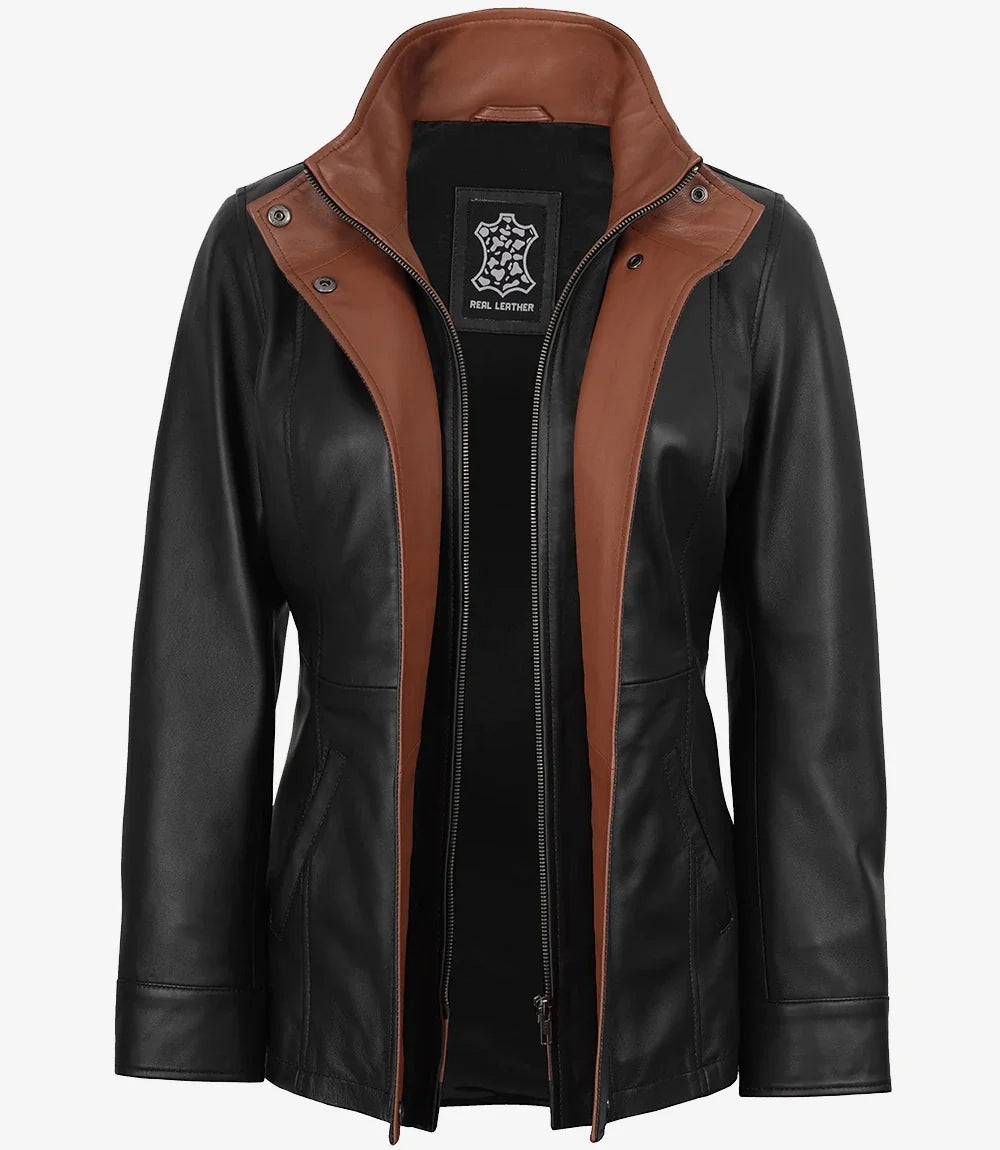 Women's Black Leather Jacket with Brown Contrast Collar