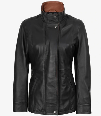 Women's Black Leather Jacket with Brown Contrast Collar