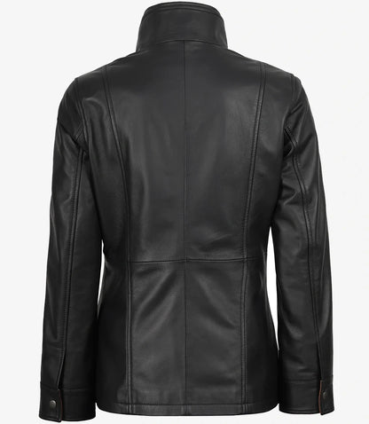Women's Black Leather Jacket with Brown Contrast Collar