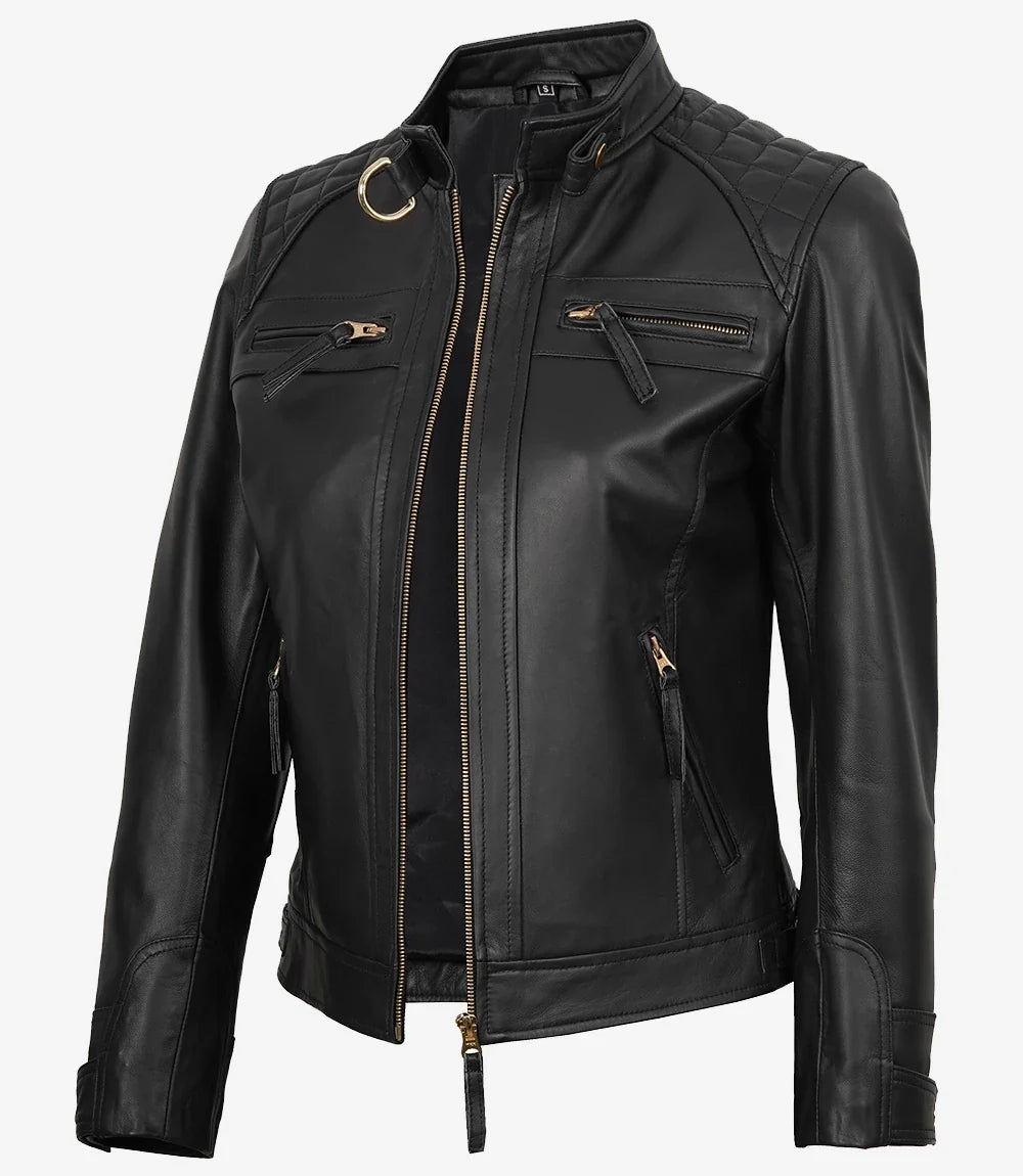Women's Black Quilted Lambskin Biker Jacket — Gold Zippers & Snap Cuffs