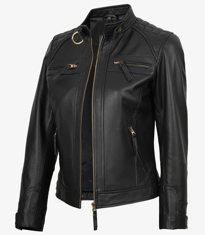 Women's Black Quilted Lambskin Biker Jacket — Gold Zippers & Snap Cuffs