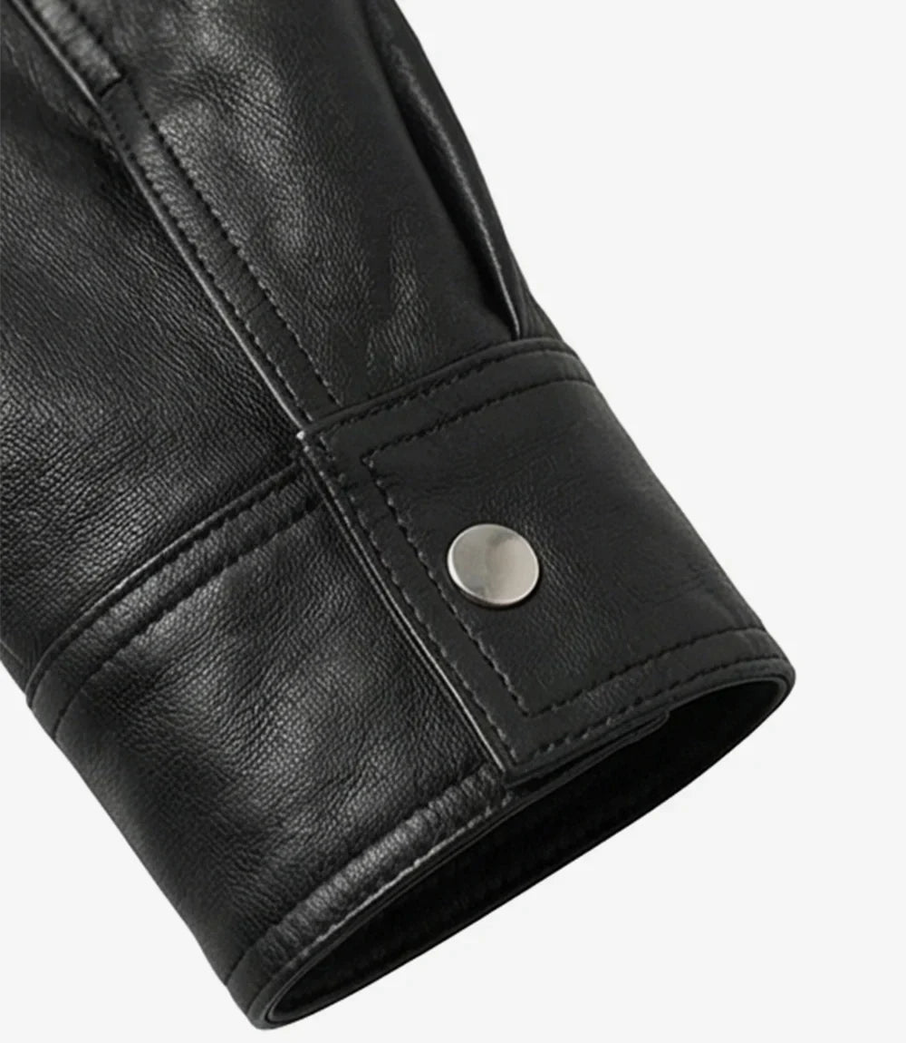 Women’s Minimalist Black Lambskin Leather Shacket – Snap-Button Closure