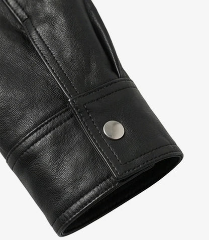 Women’s Minimalist Black Lambskin Leather Shacket – Snap-Button Closure