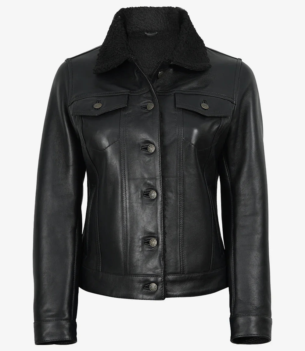 Women's Black Leather Trucker Jacket with Sherpa Lining