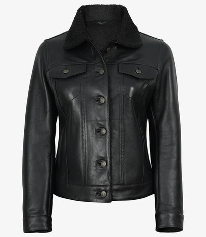Women's Black Leather Trucker Jacket with Sherpa Lining